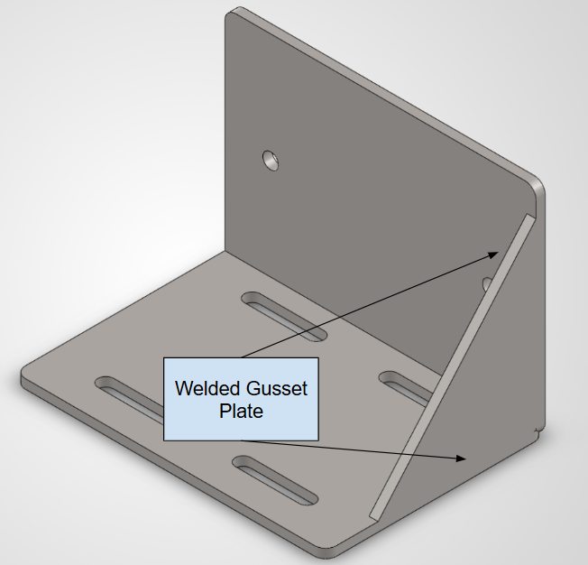 V1 bracket CAD with welded gusset plate labelled