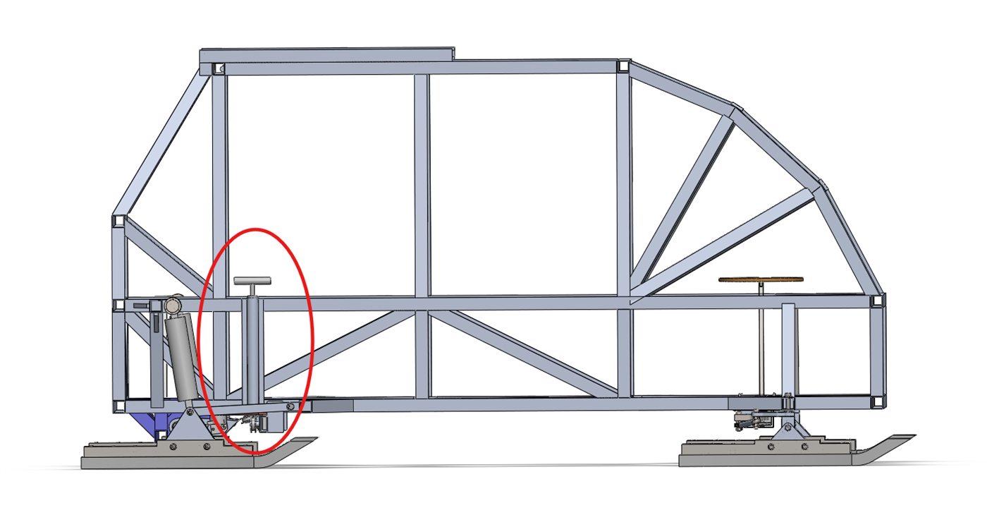 Brake retraction V2 on the toboggan frame, SolidWorks render
