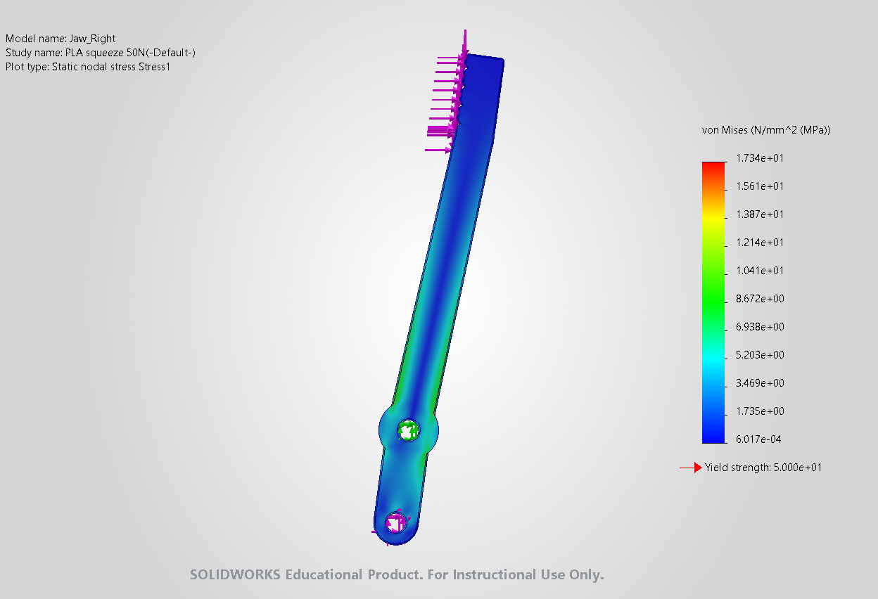 SolidWorks stress plot of the gripper jaw, mostly blue with green near the pivot